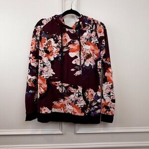 Lildy Super Soft Hoodie Womens S-M Burgundy Floral Long Sleeve Pullover Pocket